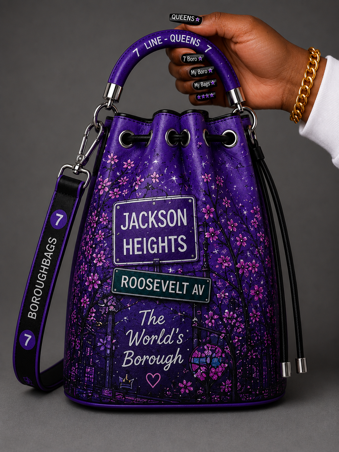 7 Line Queens Drawstring Bag