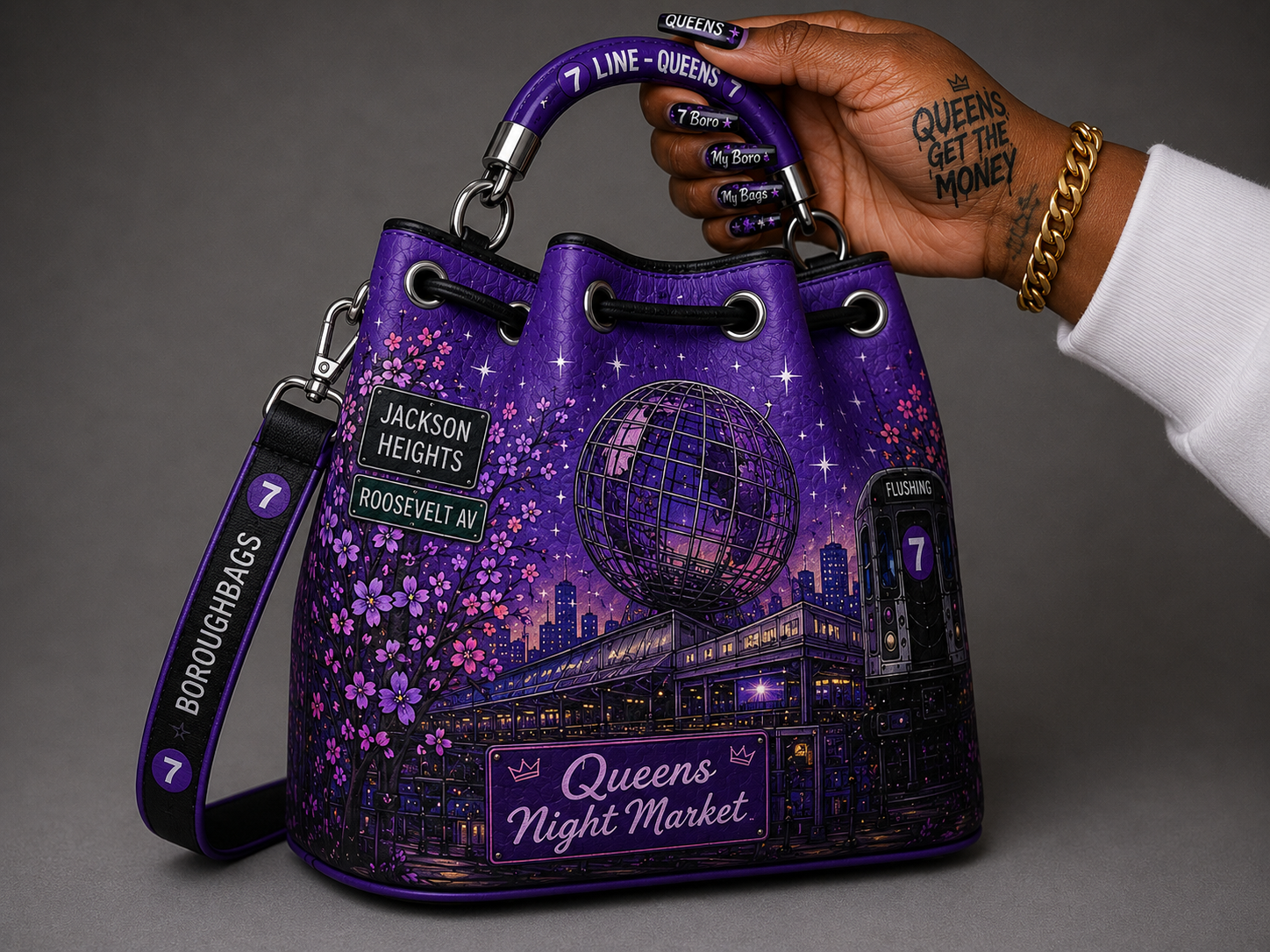 7 Line Queens Drawstring Bag